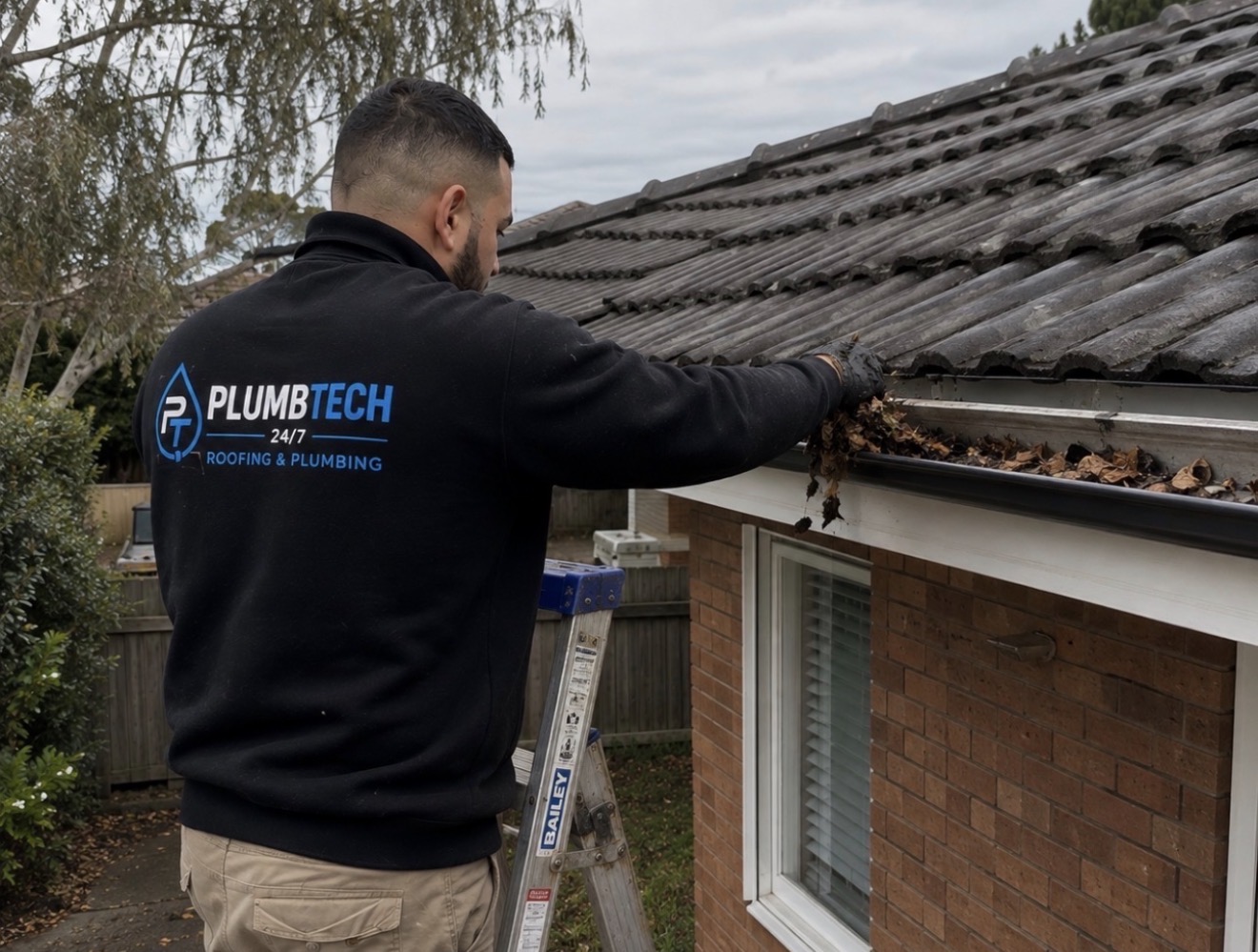 Plumbtech roofer clearing a blocked gutter on a tiled roof
