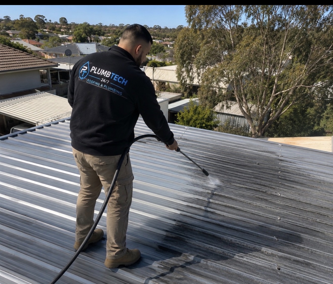 Plumbtech roofer pressure washing a Colorbond roof